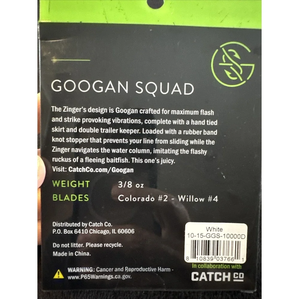 Googan‎ Squad, Zinger Spinnerbait, 3/8oz White Colorado #2 Willow #4